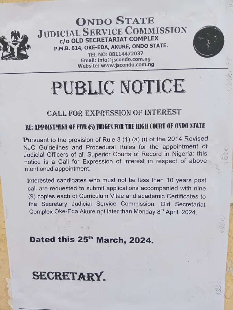 Ondo State Judicial Service Commission Advert